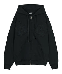 Flower Appliqué Zip Hoodie [Black]