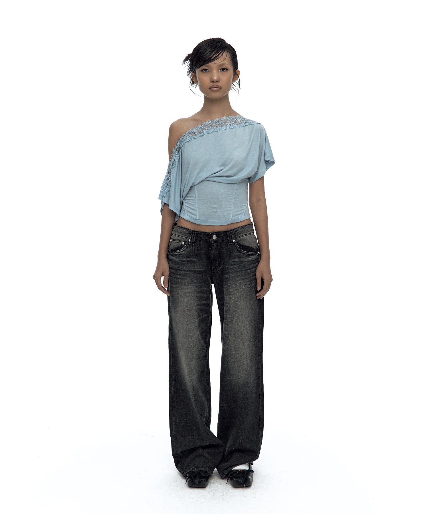 Lace One Shoulder Corset Tee (Sky Blue)