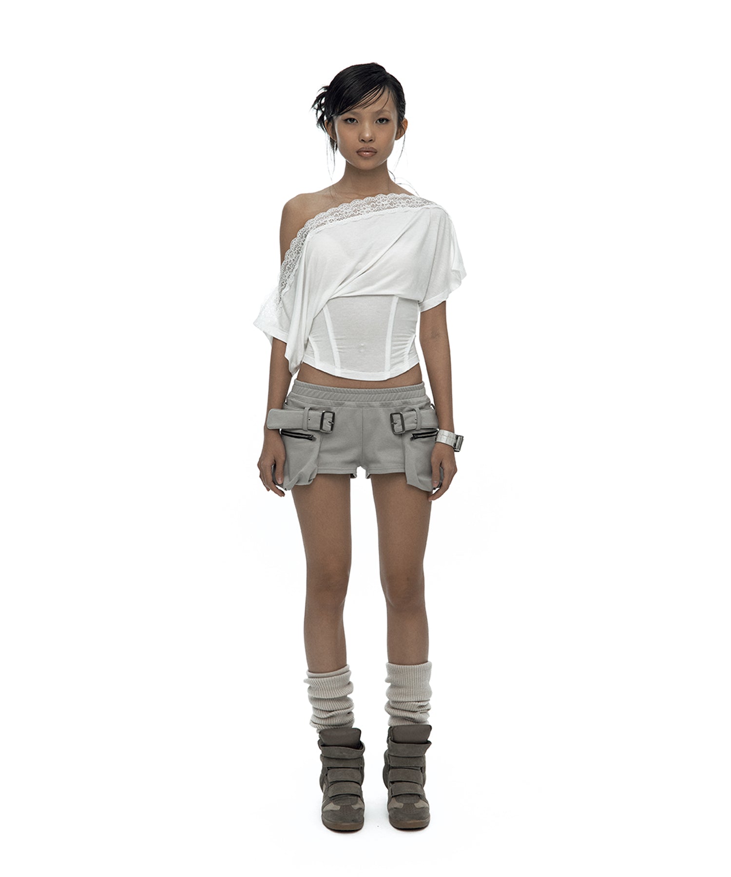Lace One Shoulder Corset Tee (White)