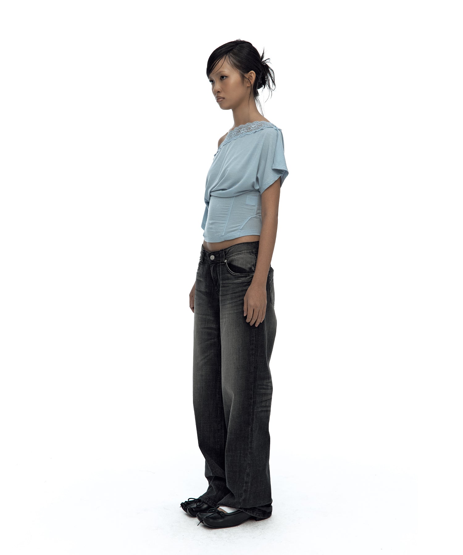 Lace One Shoulder Corset Tee (Sky Blue)