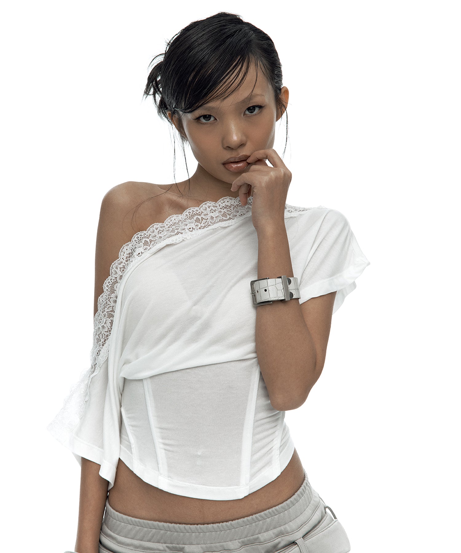 Lace One Shoulder Corset Tee (White)