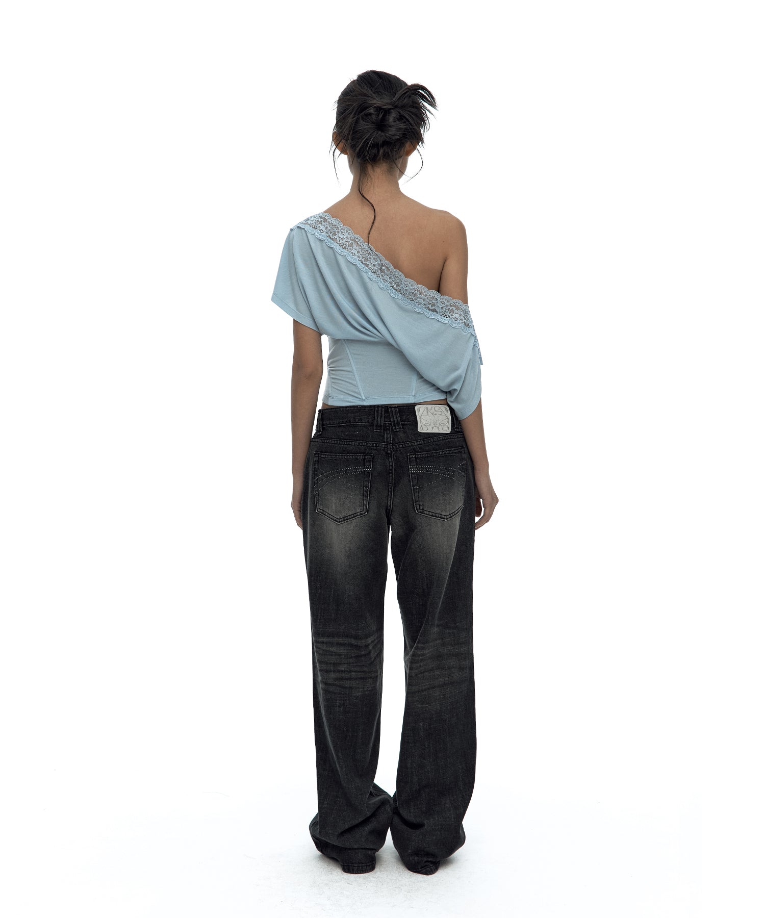 Lace One Shoulder Corset Tee (Sky Blue)