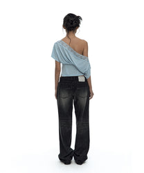 Lace One Shoulder Corset Tee (Sky Blue)