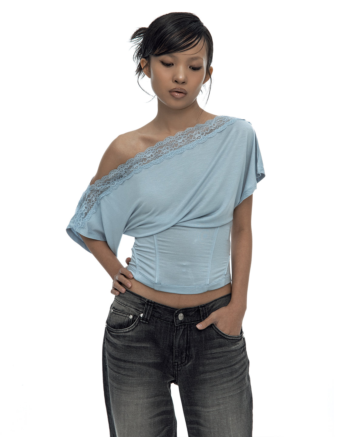 Lace One Shoulder Corset Tee (Sky Blue)