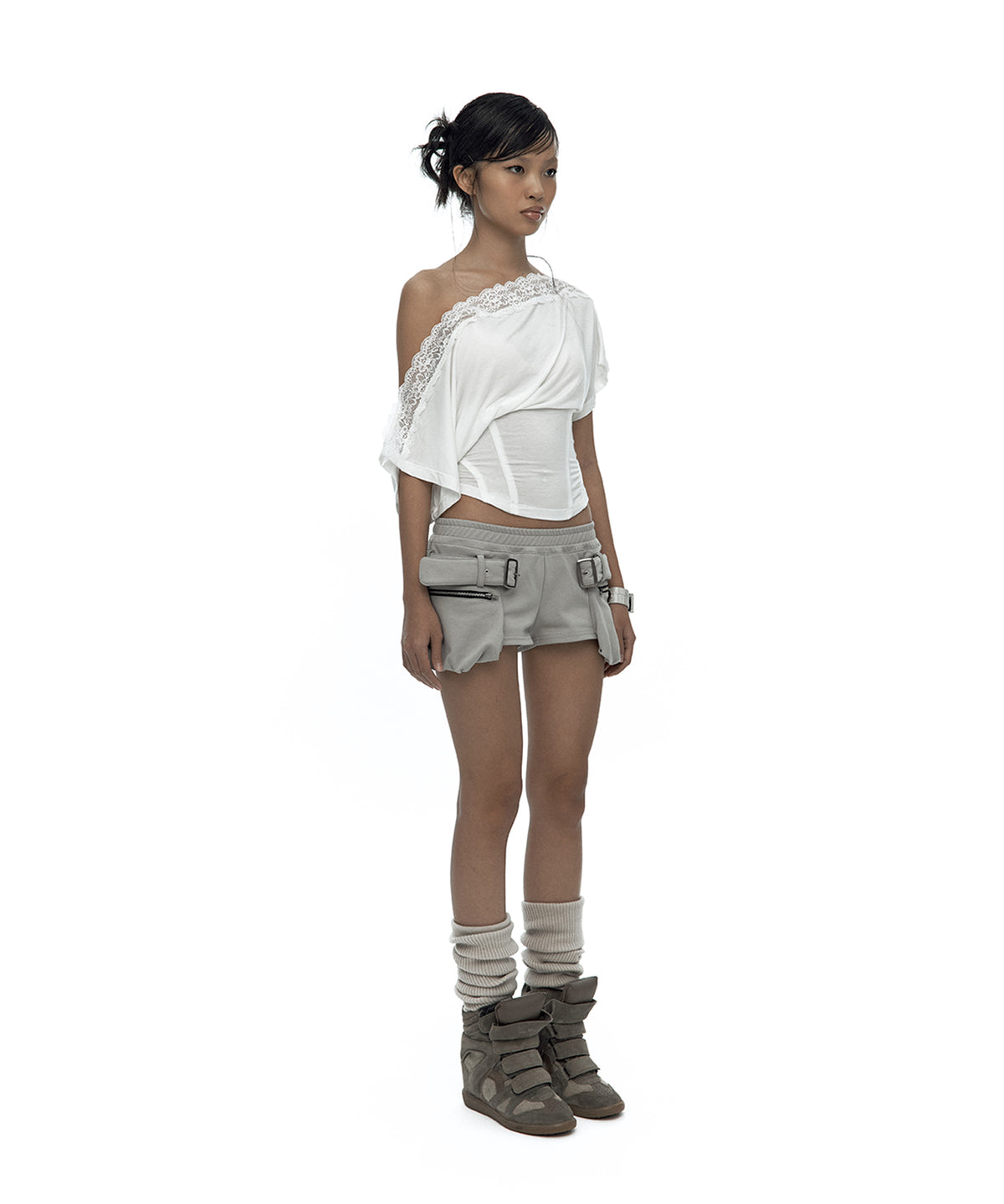 Lace One Shoulder Corset Tee (White)