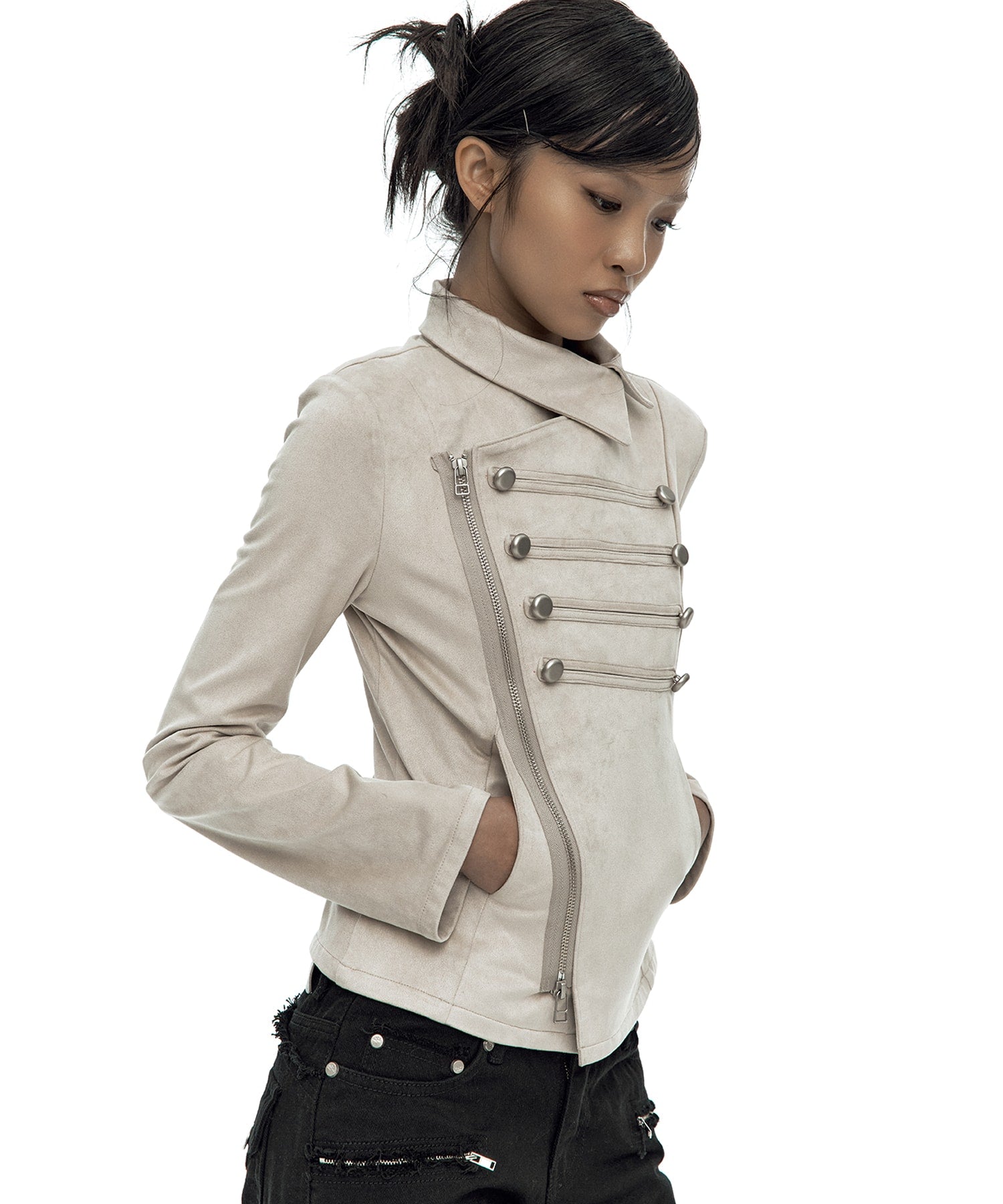 Asymmetric Zip Napoleon Jacket (Light Gray)