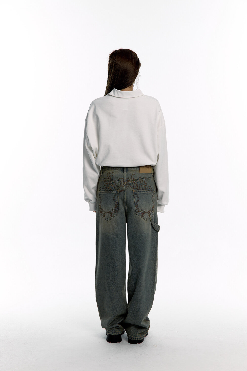 Embroidered Washing Denim Pants (Blue)