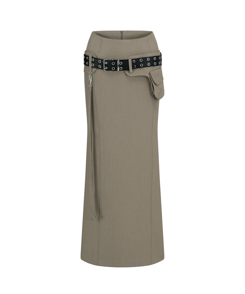 Pocket Belt Long Skirt (Beige)