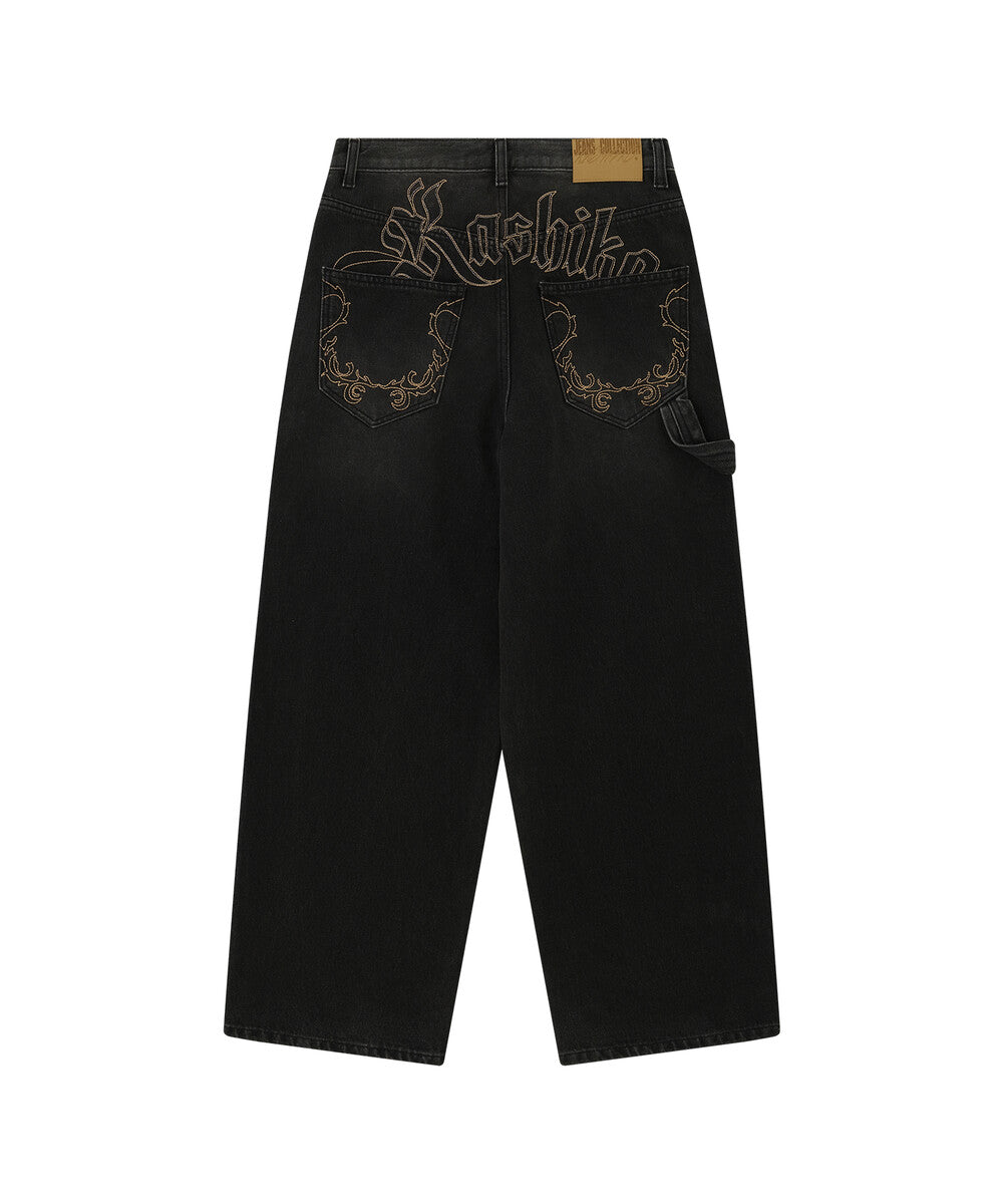 Embroidered Washing Denim Pants (Black)