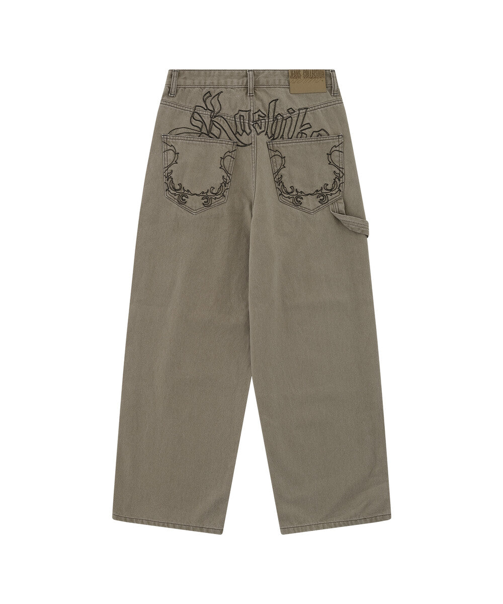 Embroidered Washing Denim Pants (Beige)