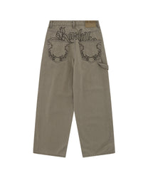 Embroidered Washing Denim Pants (Beige)