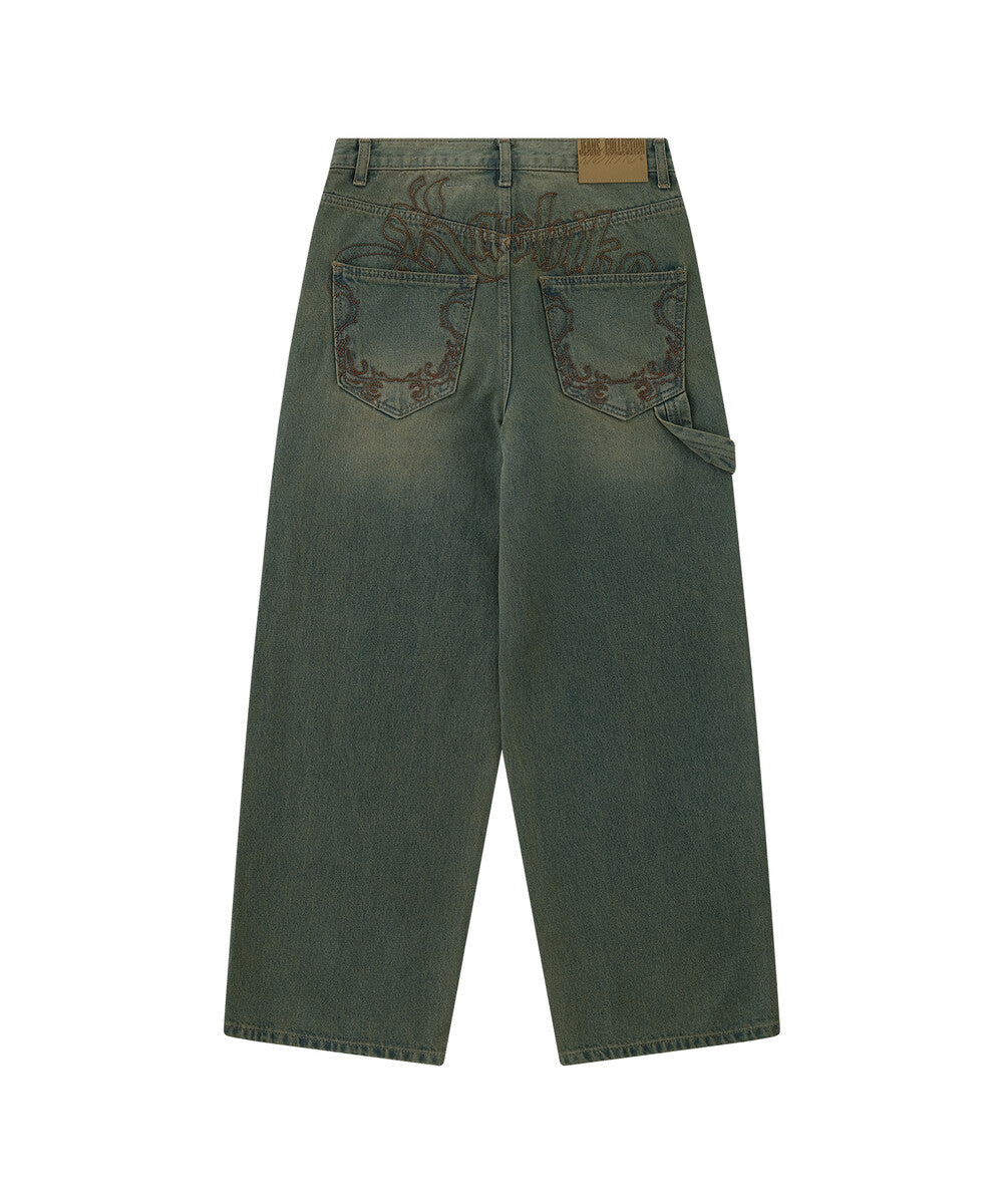 Embroidered Washing Denim Pants (Blue)