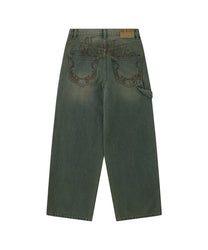 Embroidered Washing Denim Pants (Blue)