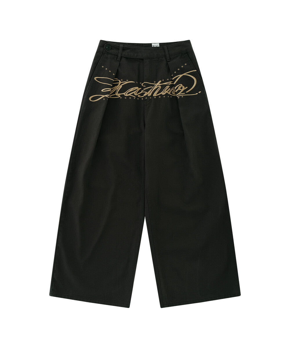 Embroidered Pintuck Wide Pants (Charcoal)