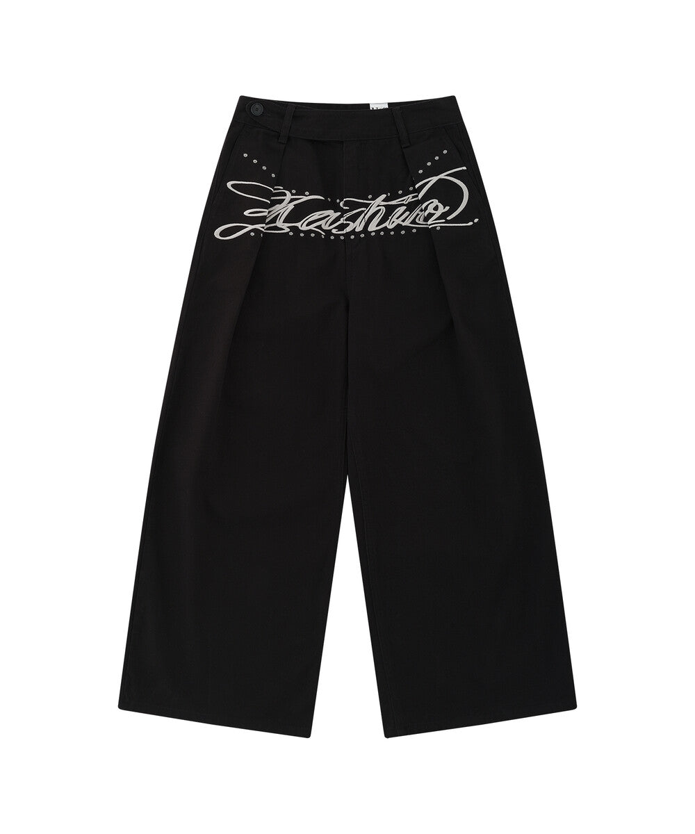 Embroidered Pintuck Wide Pants (Black)