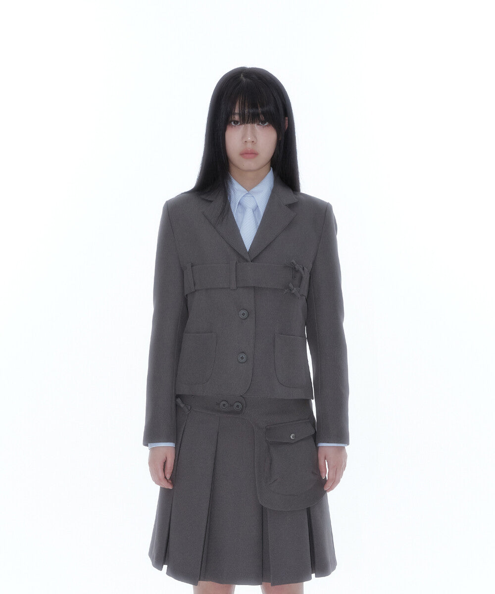 Ribbon Belted Preppy Jacket (Charcoal)