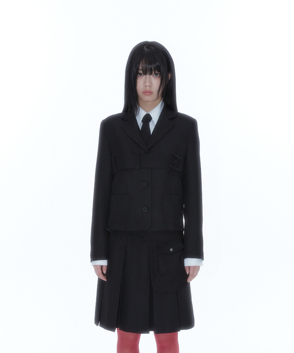 Ribbon Belted Preppy Jacket (Black)