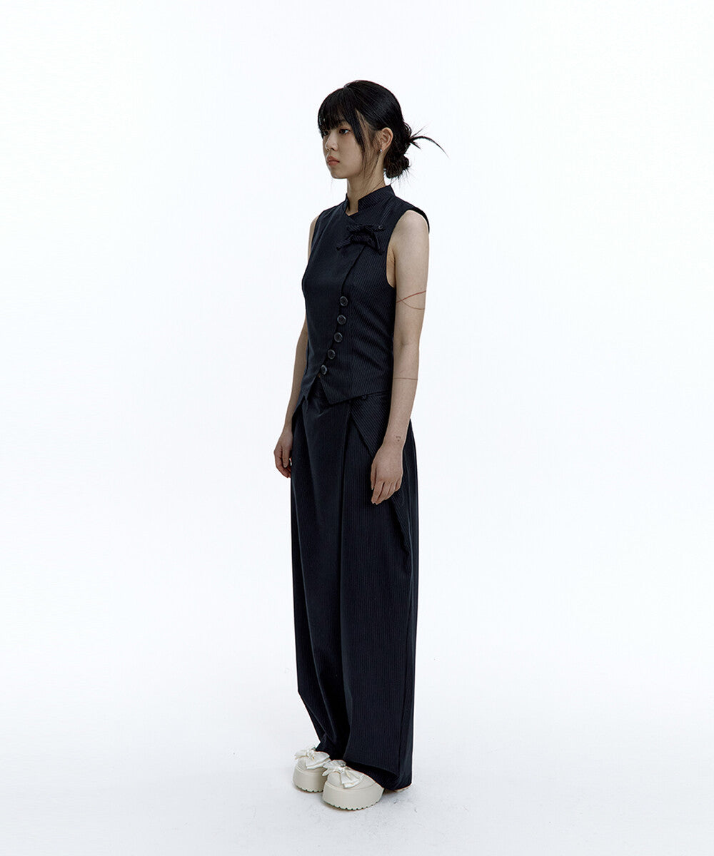 Pintuck Asymmetric Trousers (Stripe)