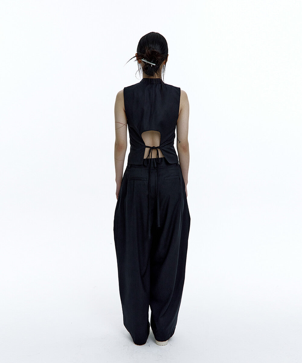 Pintuck Asymmetric Trousers (Stripe)