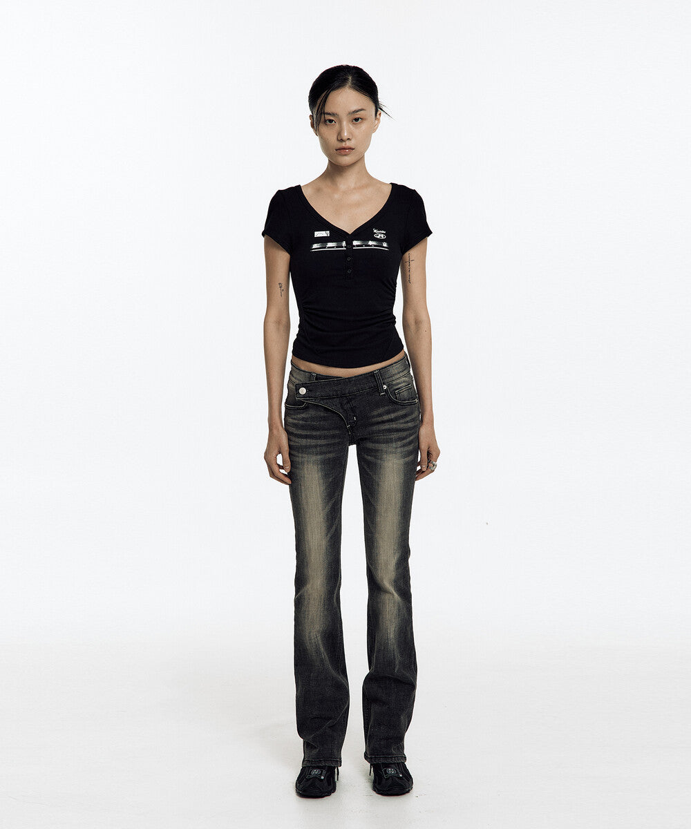 Zen Button Henley Neck Top (Black)