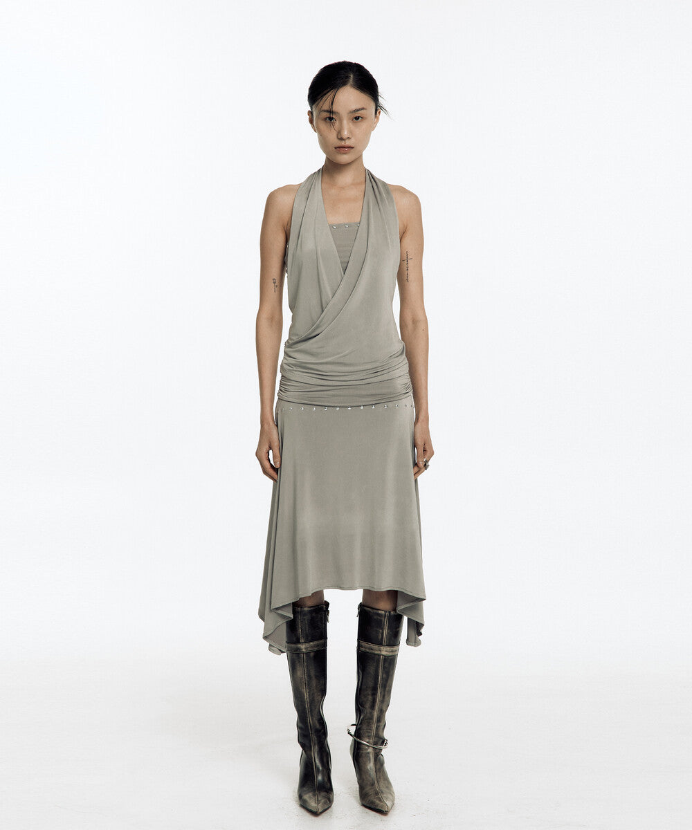 Stud Drape Flare Skirt (Warm Gray)