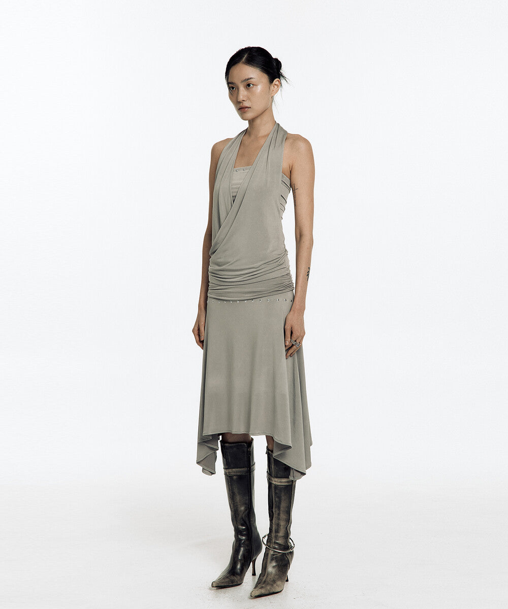 Stud Drape Flare Skirt (Warm Gray)