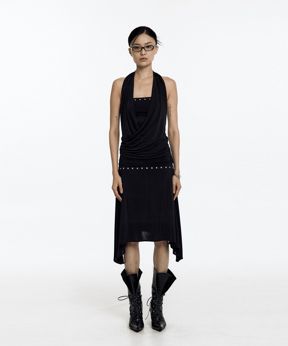 Stud Drape Flare Skirt (Black)