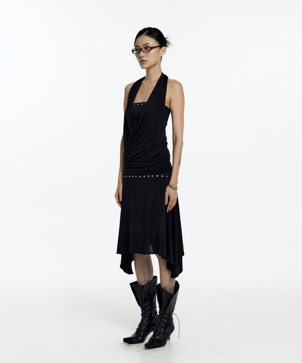 Stud Drape Flare Skirt (Black)