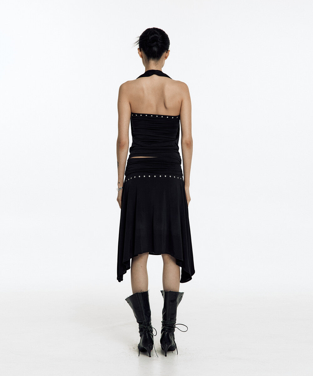 Stud Drape Flare Skirt (Black)