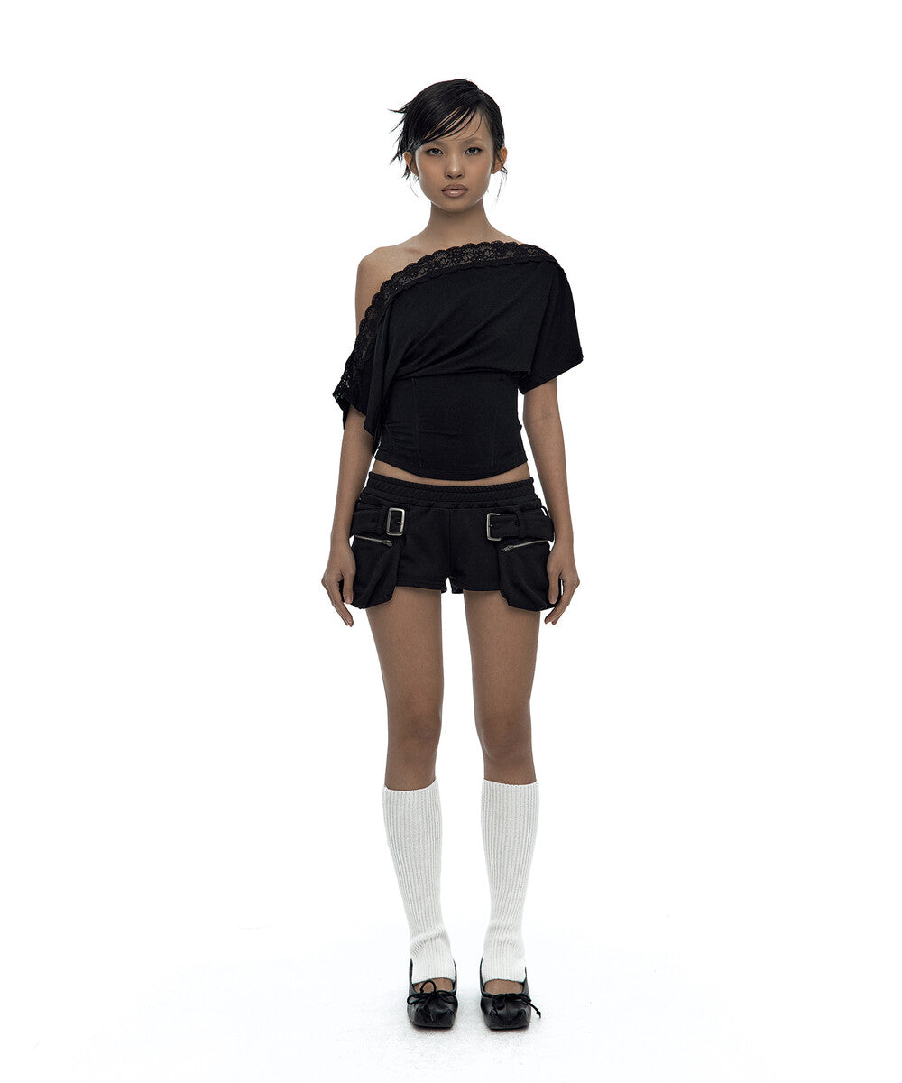 Lace One Shoulder Corset Tee Black