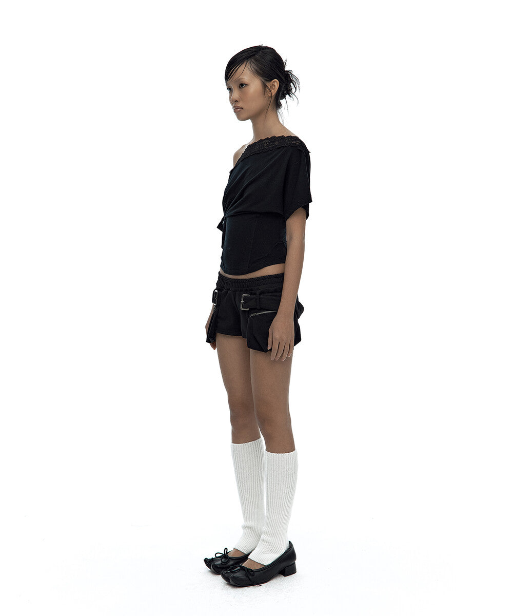 Lace One Shoulder Corset Tee Black
