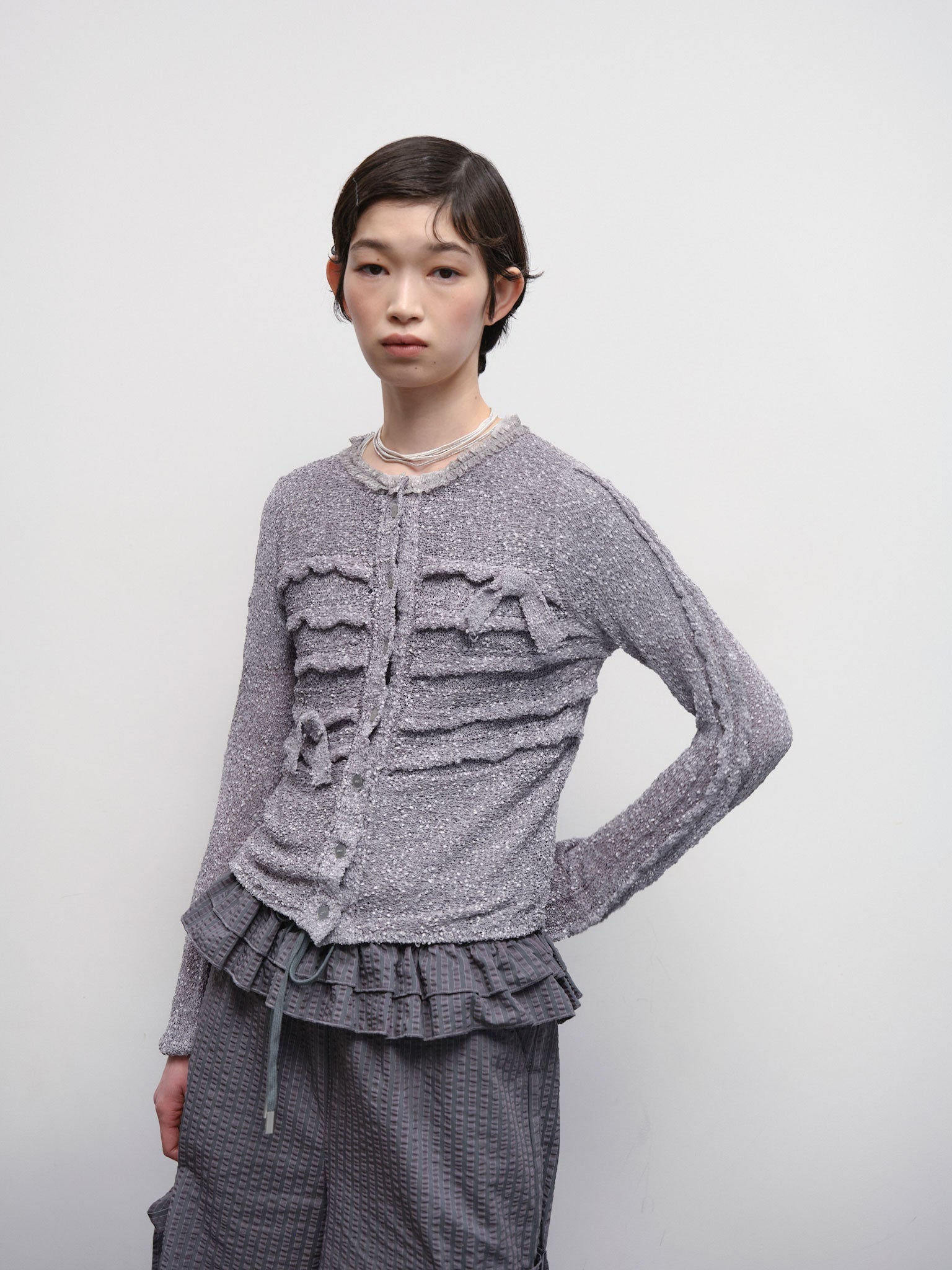 Fuzzy Ruffled Ribbon Cardigan