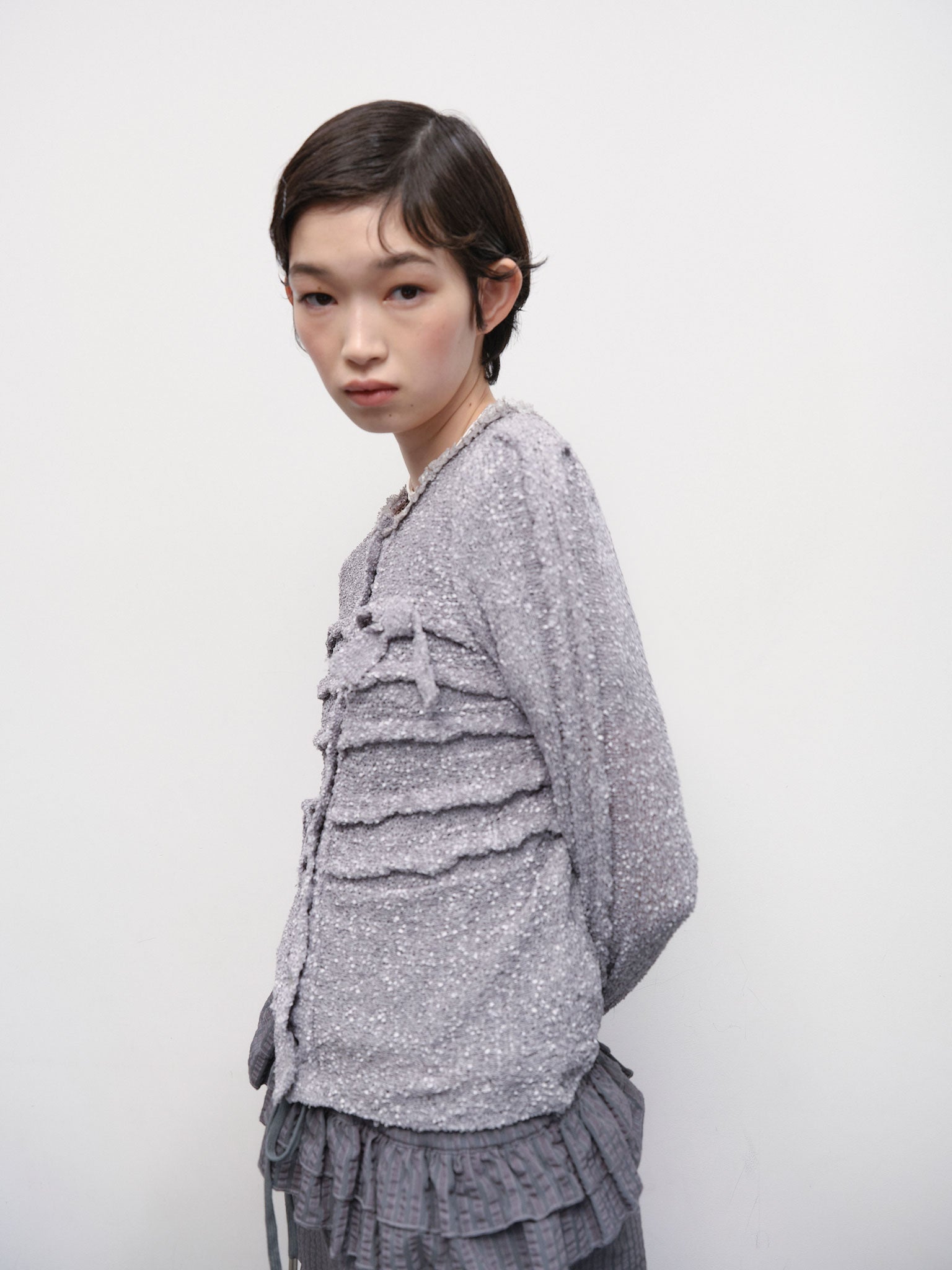 Fuzzy Ruffled Ribbon Cardigan